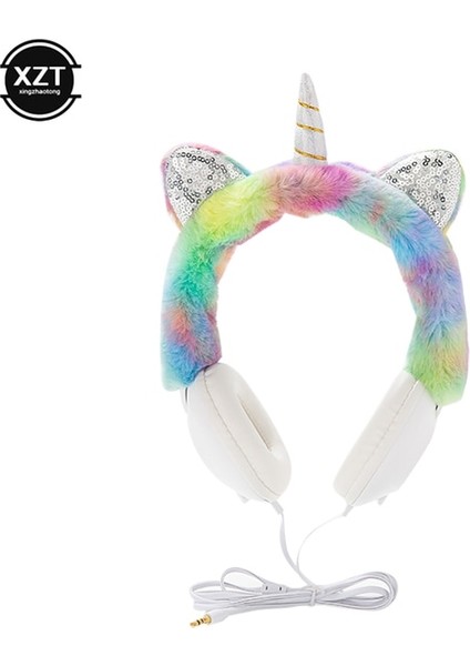 Beyaz Gümüş Köşe Peluş Unicorn Kulaklıklar Kulak Kablolu Kız Çocuklar 1.2 M Uzunluk Kablo 106DB Ses Kulaklık Dizüstü Bilgisayar Mp3 Tablet Pc Için Mikrofon ile (Yurt Dışından)
