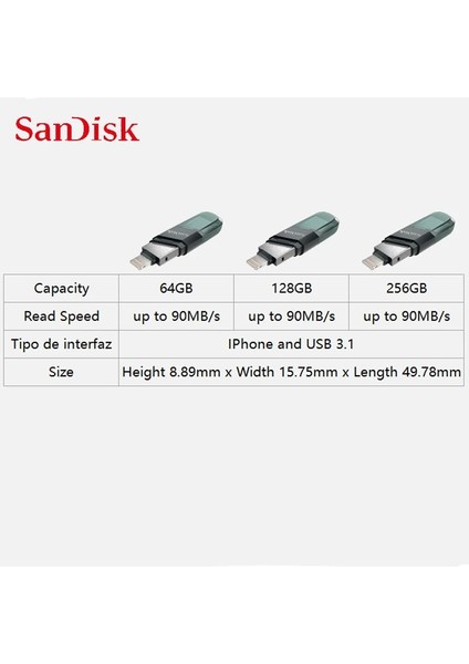 IX90N-TYPE-C 64GB Sandisk USB Flash Sürücü Ixpand Flip Otg Lightning USB 3.1 Çubuk 64GB 128GB 256GB iPhone iPad ve USB Type-A Için Kalem Sürücü Mfi (Yurt Dışından)