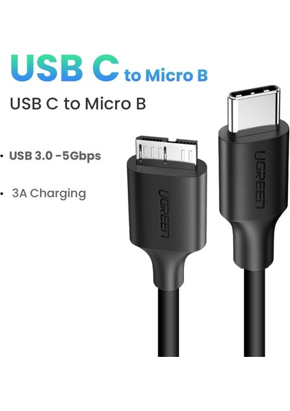 Pvc USB C 0.5 M Ugreen USB C - Mikro B 3.0 Kablosu 5 Gbps 3A Hızlı Veri Senkronizasyon Kablosu Macbook Sabit Disk Disk HDD SSD Durumda USB Tip C Mikro B Kablo (Yurt Dışından)