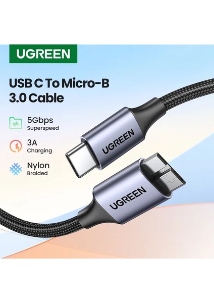 Pvc USB C 0.5 M Ugreen USB C - Mikro B 3.0 Kablosu 5 Gbps 3A Hızlı Veri Senkronizasyon Kablosu Macbook Sabit Disk Disk HDD SSD Durumda USB Tip C Mikro B Kablo (Yurt Dışından)