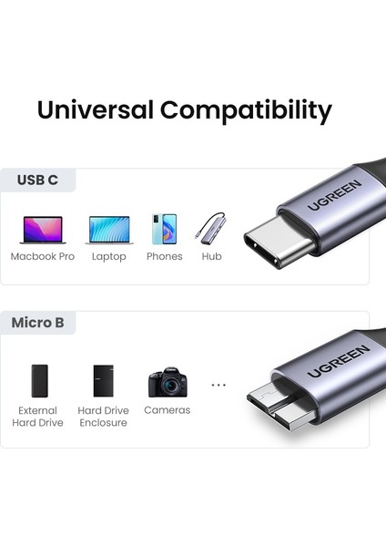 Pvc USB C 0.5 M Ugreen USB C - Mikro B 3.0 Kablosu 5 Gbps 3A Hızlı Veri Senkronizasyon Kablosu Macbook Sabit Disk Disk HDD SSD Durumda USB Tip C Mikro B Kablo (Yurt Dışından)