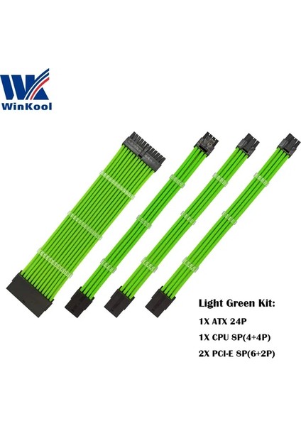 Açık Yeşil 200MM Winkool Dişi - Erkek 18AWG Kollu Psu Uzatma Güç Kablosu / Kablo Kitleri 1x Atx 24P Cpu 8p 2x Pcı-E 8p (Yurt Dışından)