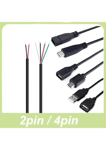 2pin Mirco Erkek Erkek Kadın 2-Pin 4-Pin Hat Mikro USB 2.0 Tip-C Şarj Kablosu Konektörü Güç Kaynağı Uzatma Kablosu (Yurt Dışından)