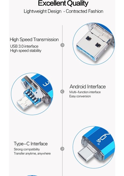 Mavi 32GB Wansenda Otg 3'ü 1 Arada USB Flash Sürücüler Usb3.0 Tip-C Mikro USB 512GB 256GB 128GB 64GB 32GB 16GB Pendrives Pen Drive Cle USB (Yurt Dışından)