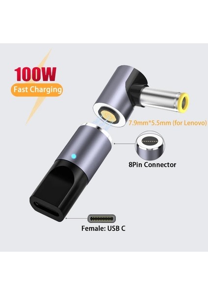 7.9-5.5mm USB Tip C Manyetik Fiş Konnektörü Hızlı Şarj Dizüstü Güç Kaynağı Adaptörü Dönüştürücü Asus Hp Dell Lenovo Samsung 65W 100W (Yurt Dışından)