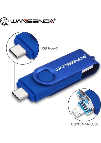 Lacivert 64GB Wansenda USB Flash Sürücü Otg 3 In 1 USB 3.0 Tip C Microusb Çubuk Kalem Sürücü 512GB 256GB 128GB 64GB 32GB Yüksek Hızlı Pendrive (Yurt Dışından)