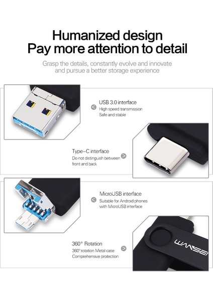 Lacivert 64GB Wansenda USB Flash Sürücü Otg 3 In 1 USB 3.0 Tip C Microusb Çubuk Kalem Sürücü 512GB 256GB 128GB 64GB 32GB Yüksek Hızlı Pendrive (Yurt Dışından)