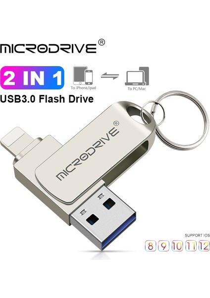 Gümüş 256 GB Döndürme USB 3.0 Flash Sürücüsü iPhone Için 2'si 1 Arada Usb-A'dan Yıldırım Arayüzüne Usb3.0 Pendrive Iphone7/8/9/11/12/13 / Ipad Için (Yurt Dışından)