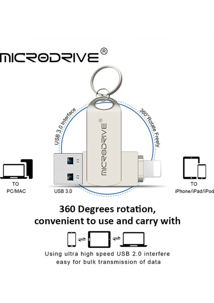 Gümüş 256 GB Döndürme USB 3.0 Flash Sürücüsü iPhone Için 2'si 1 Arada Usb-A'dan Yıldırım Arayüzüne Usb3.0 Pendrive Iphone7/8/9/11/12/13 / Ipad Için (Yurt Dışından)