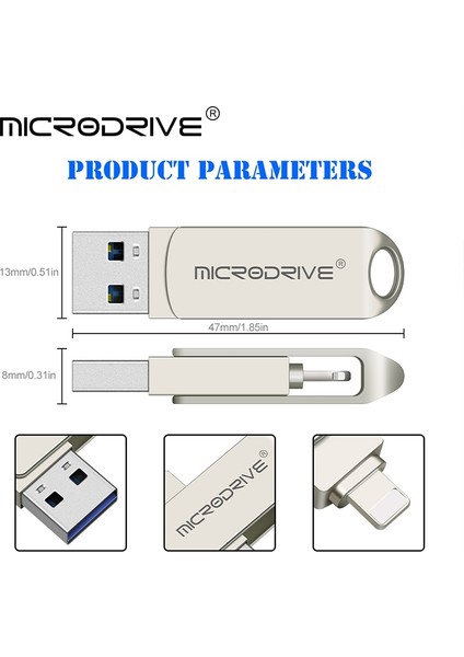 Gümüş 256 GB Döndürme USB 3.0 Flash Sürücüsü iPhone Için 2'si 1 Arada Usb-A'dan Yıldırım Arayüzüne Usb3.0 Pendrive Iphone7/8/9/11/12/13 / Ipad Için (Yurt Dışından)