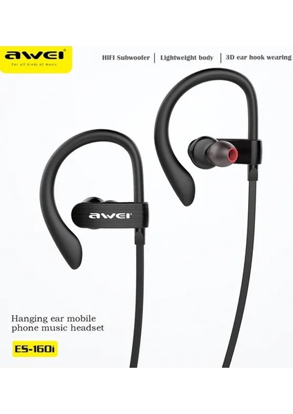 Siyah Awei ES-160I 3.5mm Kablolu Stereo Kulaklık Kulak Kancası Kulak Müzik Spor Mikrofonlu Kulaklık Cep Telefonu/dizüstü Bilgisayar Kulakiçi (Yurt Dışından)