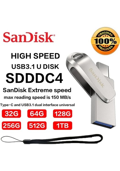 Sdddc4 64 GB Sandisk Extreme Pro Orijinal USB 3.2 Katı Hal SSD Flash Sürücü USB 3.1 Tip-C Otg Çift Arayüz USB 3.0 Memory Stick U Disk (Yurt Dışından)