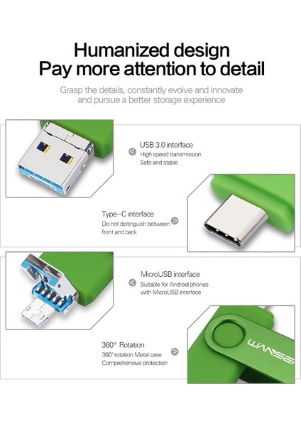 Yeşil 256GB Wansenda USB Tip C USB 3.0 Flash Sürücü Kalem Sürücü 512GB 256GB 128GB 64GB 32GB Yüksek Hızlı Pendrive USB C Microusb Bellek Çubuğu (Yurt Dışından) fırsatları