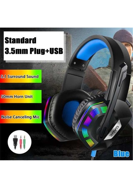 Mavi 5.1 7.1 Stereo Kablolu LED Oyun Kulaklığı Ps4 Oyuncu Kulaklık Için Mic ile Gürültü Önleyici Pc Bilgisayar Aşırı Kulak Pc Dizüstü Tablet Kask (Yurt Dışından)