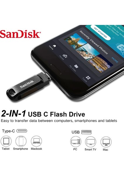 128GB Sandisk 32GB 64GB 128GB Ultra Çift Sürücü Go Sdddc3 064G G46 2'si 1 Arada USB Tip-A Tip-C Flash Sürücü Usb3.1 Kalem Sürücü USB C Pendrive (Yurt Dışından)
