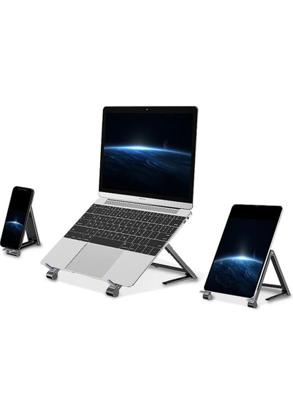 Gri Stand ve Çanta Oatsbasf Mini Taşınabilir Dizüstü Bilgisayar Standı Tutucu Macbook Air Pro iPad 3 In 1 Sihirli Çubuk Cep Tablet Telefon Tutucu Dizüstü Standı (Yurt Dışından)