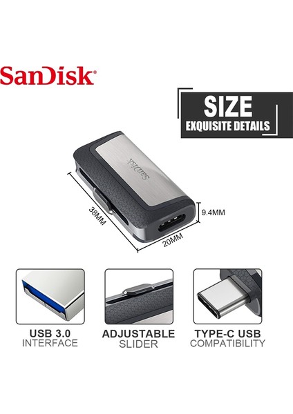 Sdddc2 32GB Sandisk 32GB 64GB 128GB Ultra Çift Sürücü Go USB Type-C Flash Sürücü Siyah Sdddc3 Sdddc2 Usb3.1 Kalem Sürücüsü USB C Mini Pendrive (Yurt Dışından)