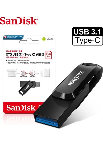 Sdddc2 32GB Sandisk 32GB 64GB 128GB Ultra Çift Sürücü Go USB Type-C Flash Sürücü Siyah Sdddc3 Sdddc2 Usb3.1 Kalem Sürücüsü USB C Mini Pendrive (Yurt Dışından)