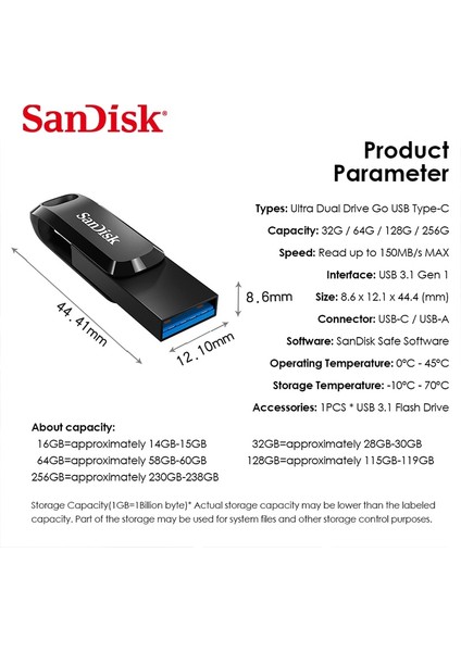 Sdddc2 32GB Sandisk 32GB 64GB 128GB Ultra Çift Sürücü Go USB Type-C Flash Sürücü Siyah Sdddc3 Sdddc2 Usb3.1 Kalem Sürücüsü USB C Mini Pendrive (Yurt Dışından)