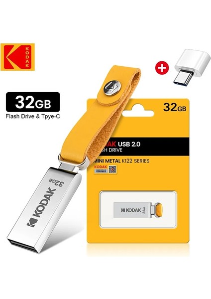 32 GB Kodak USB 2.0 Flash Sürücü H2TESTW 32 GB 64 GB 128 GB Pendrive Su Geçirmez Memory Stick Deri Landyard Metal U Disk + Tip-C Okuyucu (Yurt Dışından)