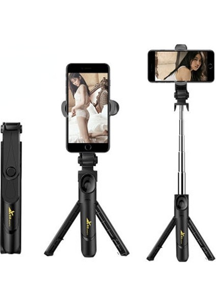 XT10-BLACK Kablosuz Bluetooth Selfie Çubuğu Katlanabilir Mini Tripod, Ios Android Için Dolgu Işığı Deklanşör Uzaktan Kumandalı (Yurt Dışından)