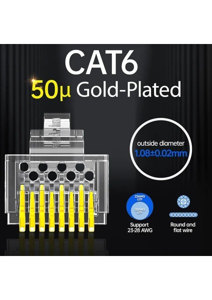 Cat6 50U 100 Adet Ampcom Cat6 CAT5E Geçiş RJ45 Modüler Fiş Ağ Konnektörleri Utp 3/50μ Altın Kaplama 8P8C Ethernet Kablosu Için Sıkma Ucu (Yurt Dışından)