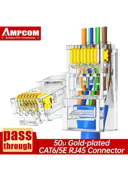 Cat6 50U 100 Adet Ampcom Cat6 CAT5E Geçiş RJ45 Modüler Fiş Ağ Konnektörleri Utp 3/50μ Altın Kaplama 8P8C Ethernet Kablosu Için Sıkma Ucu (Yurt Dışından)