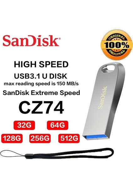 CZ74 32 GB Sandisk Flash Sürücü USB 3.1 Gen1 Ultra Lüks CZ74 Pendrive 150 Mb/s'ye Kadar 64G 128G 256G Metal Memory Stick Dizüstü Tablet Araba (Yurt Dışından)