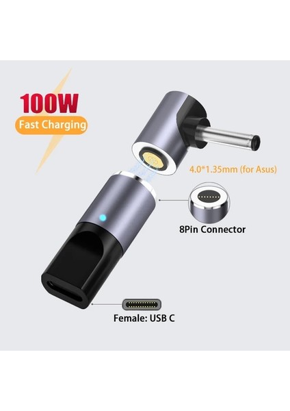 4.0-1.35MM USB Tip C Manyetik Fiş Konnektörü Hızlı Şarj Dizüstü Güç Kaynağı Adaptörü Dönüştürücü Asus Hp Dell Lenovo Samsung 65W 100W (Yurt Dışından)