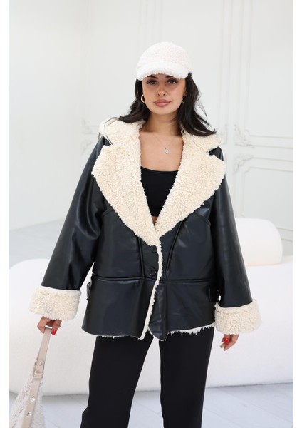 Kadın Kürk Detaylı Düğmeli Oversize Suni Deri Mont, Şık Bayan Mont