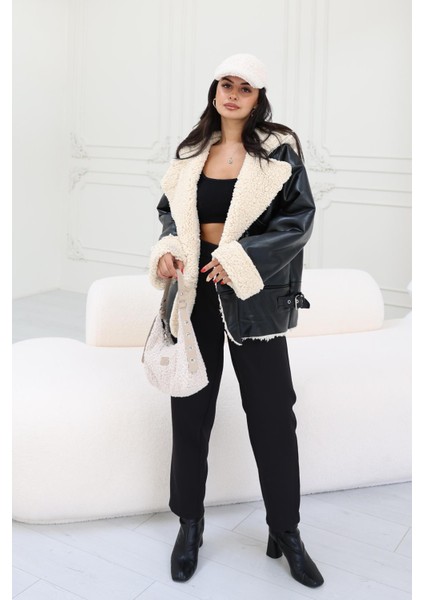 Kadın Kürk Detaylı Düğmeli Oversize Suni Deri Mont, Şık Bayan Mont fiyatları