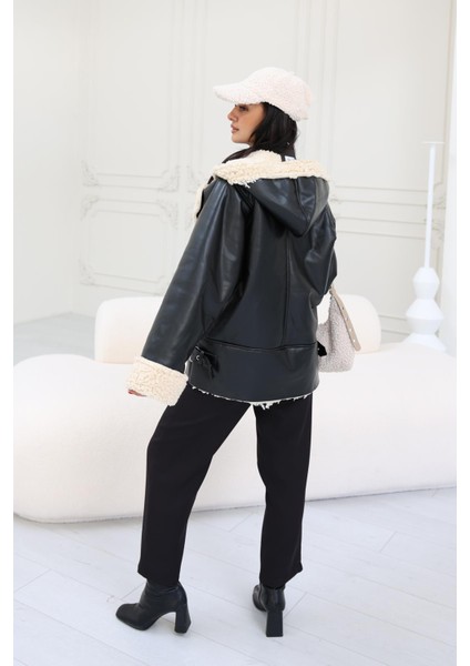 Kadın Kürk Detaylı Düğmeli Oversize Suni Deri Mont, Şık Bayan Mont modelleri