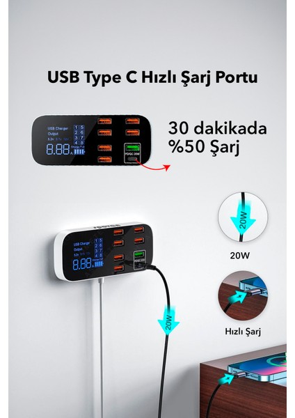 Impro LED Ekranlı 8 Port USB Type C Apple Samsung Uyumlu Şarj Istasyonu Cihazı fırsatları