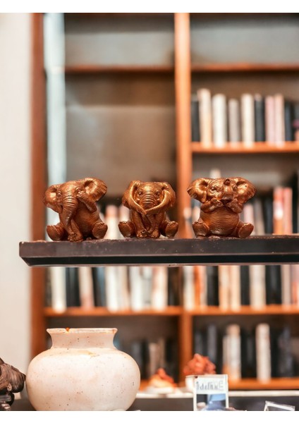 3lü Görmedim Duymadım Bilmiyorum Fil Biblo & 8 cm Taş Tozu Hediyelik Dekoratif Obje ve Biblo