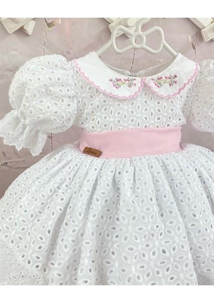 Pembe Kurdeleli Beyaz Kız Çocuğu Elbisesi - Prenses Model Elbise - Kız Çocuk Tüllü Elbise - Çocuk Elbisesi - 0-10 Yaşa Uygun