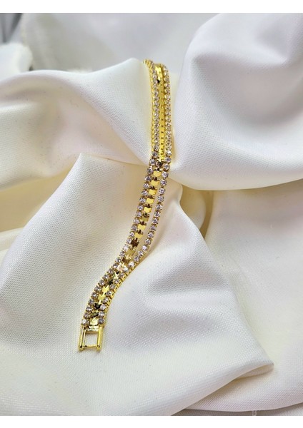 Su Yolu Arpa Model Zirkon Taşlı Saat Yanına Altın Kaplama Gold Renk Çelik Bileklik