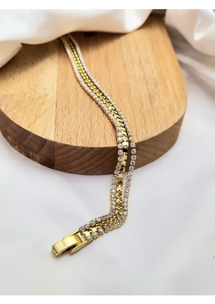 Su Yolu Arpa Model Zirkon Taşlı Saat Yanına Altın Kaplama Gold Renk Çelik Bileklik