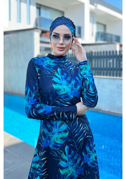 Likralı Tam Kapalı Tesettür Mayo R056 Tropikal