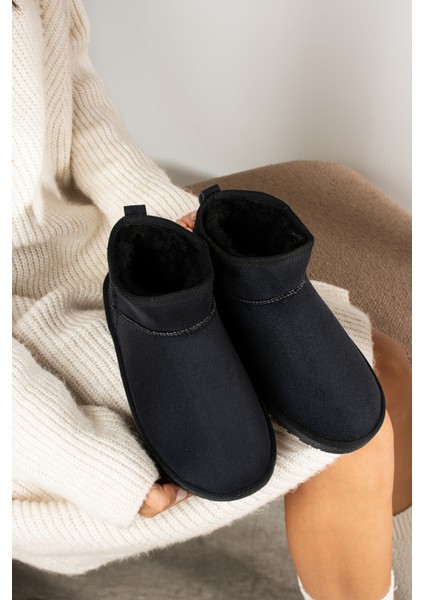 Mini Siyah Süet İçi Tüylü Ince Taban Kadın Yarım Bot FT409 modelleri