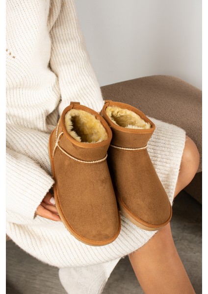 Mini Taba Süet İçi Tüylü Ince Taban Kadın Yarım Bot FT409 modelleri