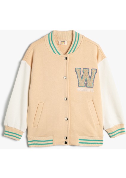 Oversize Bomber Kolej Ceket Aplike Detaylı Yuvarlak Yaka