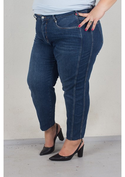 Truva Xxl Büyük Beden  Kemer Detaylı Mam Jeans Pantolon Mavi PN320