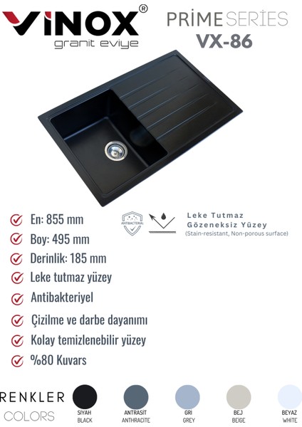 Tek Göz Damlalıklı Granit Eviye 86X50CM