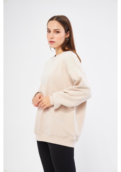 Bej Kadın Oversize Basic Sweatshirt - Karmen