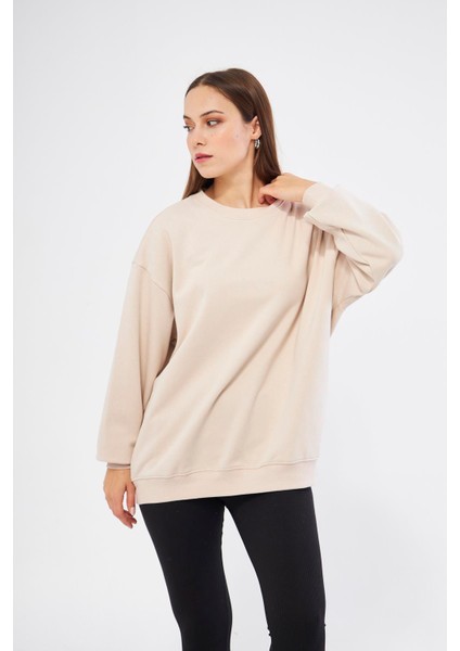 Bej Kadın Oversize Basic Sweatshirt - Karmen