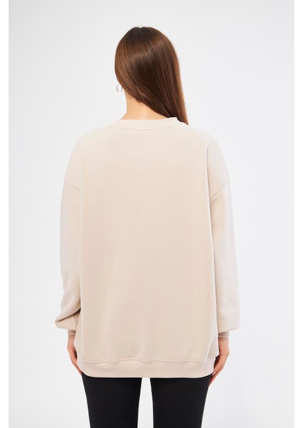 Bej Kadın Oversize Basic Sweatshirt - Karmen