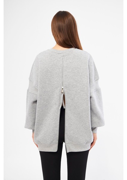Gri Kadın Oversize Sırt Fermuarlı Sweatshirt - Fame fiyatları