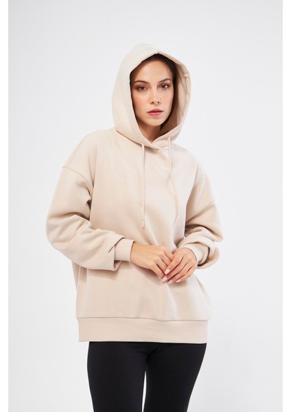 Kadın Oversize Basic Kapüşonlu Sweatshirt Bej - Fruno indirimleri