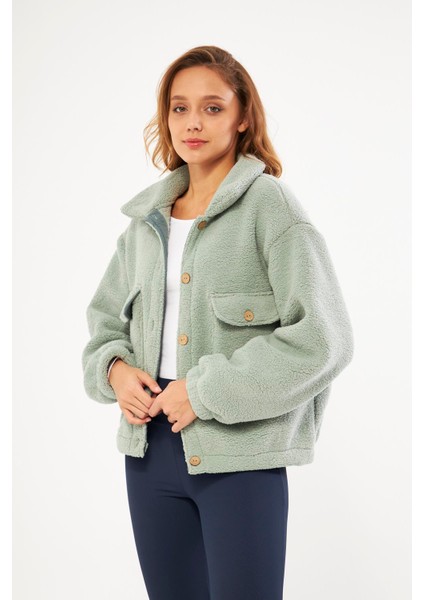 Sherpa Hırka Cep Detaylı Düğmeli Mint - Cecila