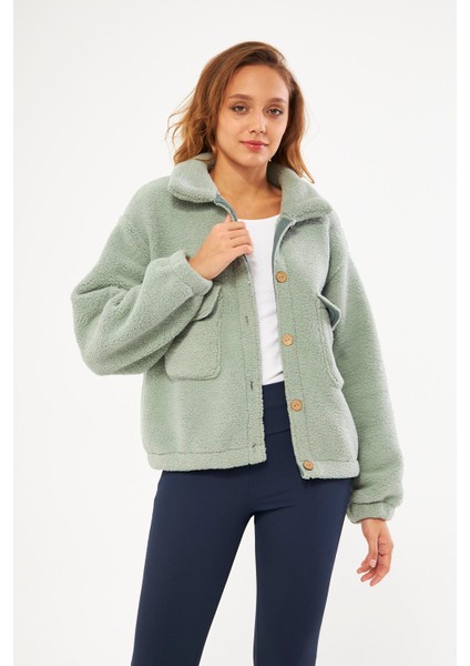 Sherpa Hırka Cep Detaylı Düğmeli Mint - Cecila indirimleri